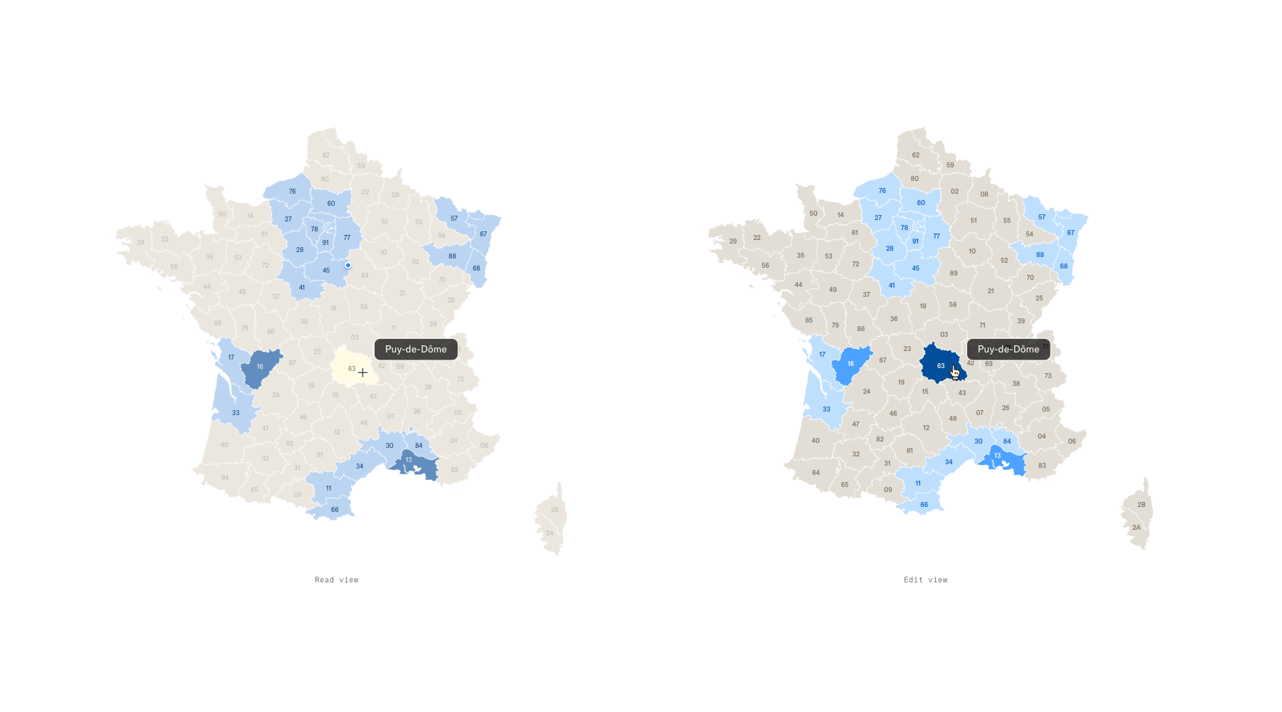 carte de France en mode lecture et modification